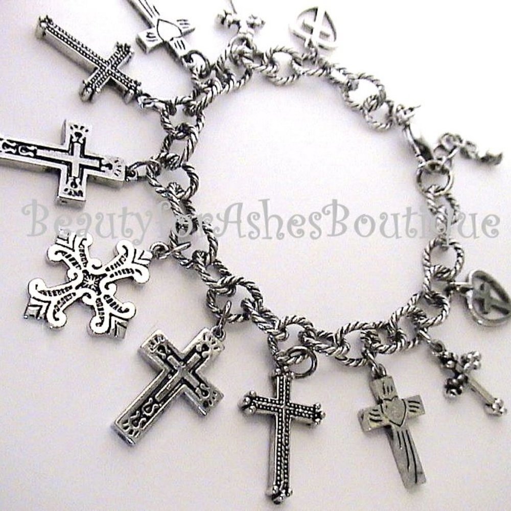 BFA Womens Girls Multi Ornate 11 Cross Charms Link Silver Heart Love Bracelet - Picture 11 of 13